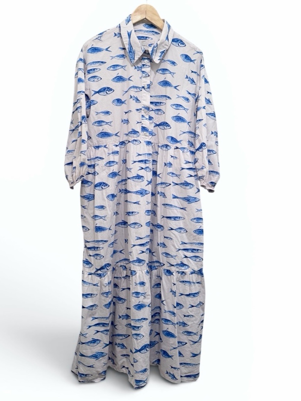 Anthropologie Maeve The Bettina Tiered Shirt Dress Fish print Size L - Picture 4 of 14